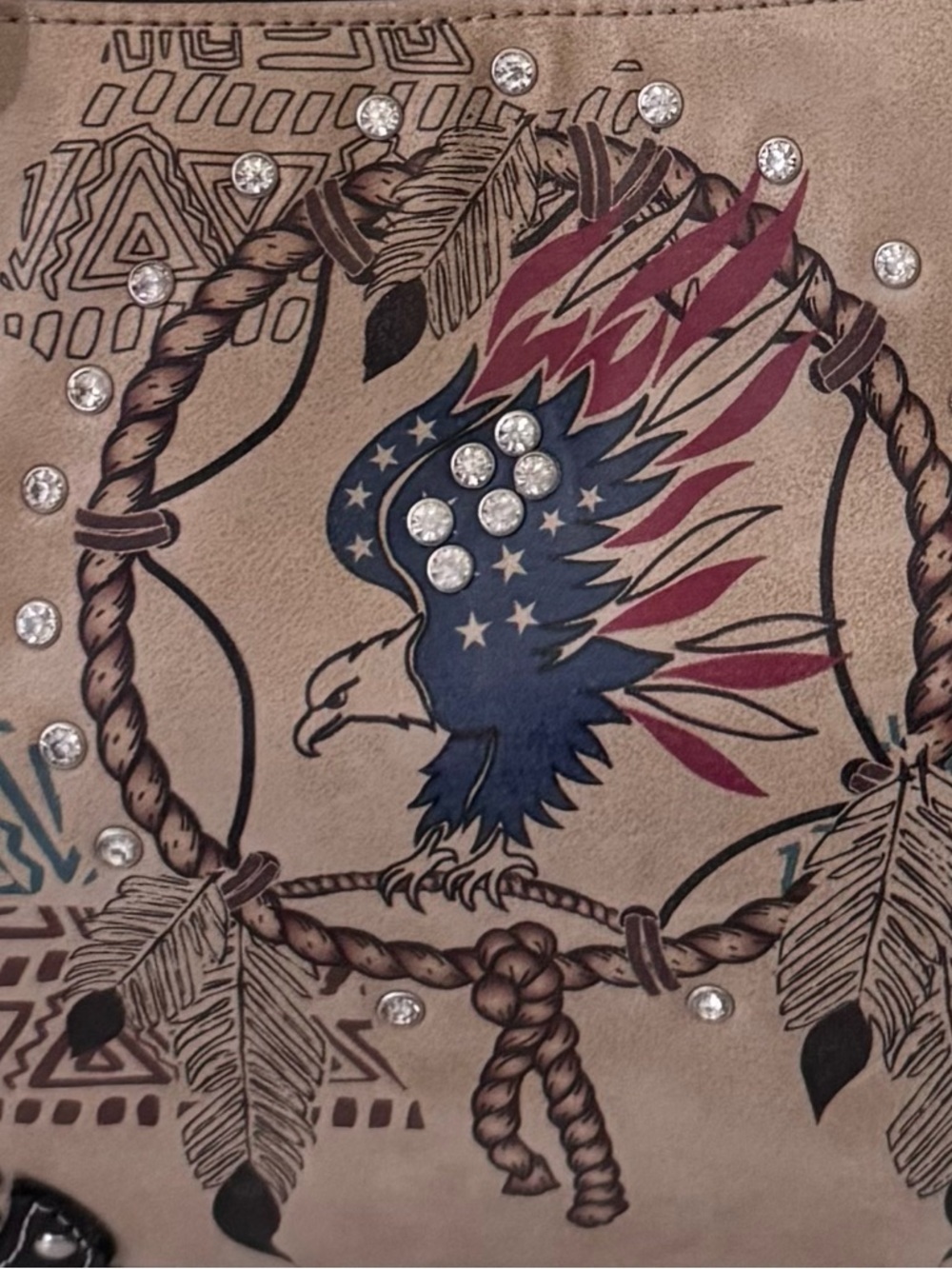 Cowgirl Trendy Beige&Black Embellished,Rhinestone,Native American,Eagle  Bag